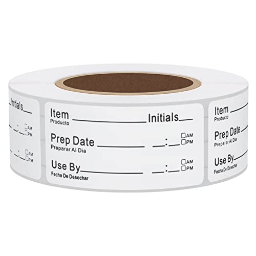 Hybsk 1 x 2 Inch Removable Shelf Life Labels for Food Rotation Use By Food Preparation Stickers Prep Date Total 500 Labels Per Roll (Black Font)