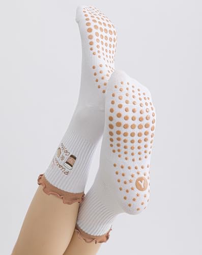 Image of Yawlsow Cute Pilates Grip Socks for Women Ruffle Frilly Yoga Socks Non Slip Cotton Crew Grippy Sock for Barre Workout