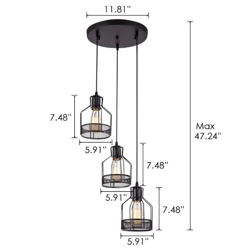 Lustre suspension plafonnier vintage 3 lampes métal noir salon salle à manger