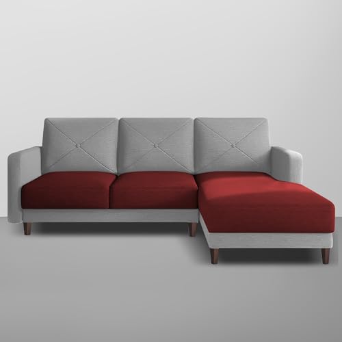 Image of Baloney RHS 4 Seater L Shape Sofa Set for Living Room (Maroon Grey Fabric) Premium Fabric Sofa