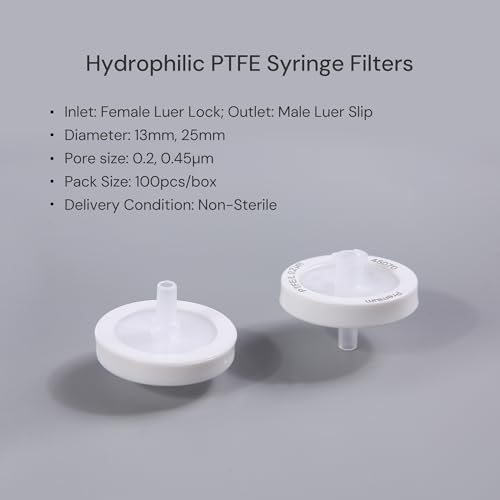 Image of PTFE Syringe Filter, 0.2μm 13mm, HPLC-Certified, Non-sterile, PK of 100 | Syringe Lab Filters, Hydrophilic PTFE, Female Luer lock & Male Luer Slip, For Strong Solvents / Acids / Bases