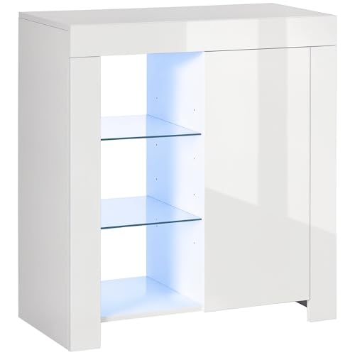 HOMCOM Mobiletto da Salotto Bianco in Truciolato e Metallo con Luci LED Blu, 3 Ripiani Aperti e Armadietto con Anta, 75x35x82 cm