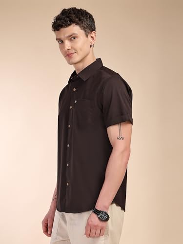 Image of Thomas Scott Men's Premium Slim Fit Casual Shirt | 100% Cotton Twill | Short Sleeves | Spread Collar | Solid Smart Casual Shirt for Men