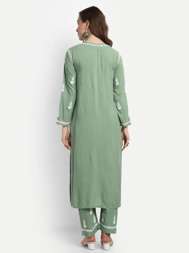 Image of BHARVITA Women's Cotton Blend Lucknowi Embroidered Chikankari Straight Kurta, with Pant Set