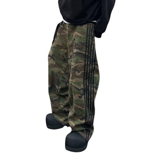 Franhais Womens Y2k Side Striped Jeans Low Waisted Wide Leg Boyfriend Stretchy Denim Pants Vintage Baggy Streetwear Jean