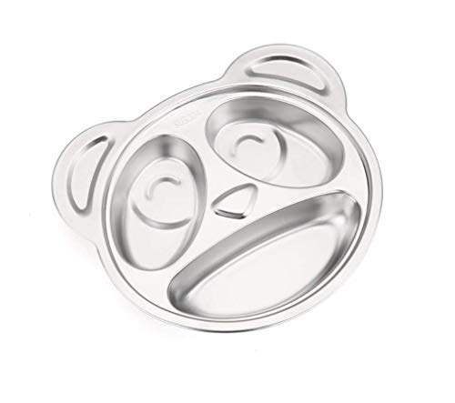 Stainless Steel Plate Divided Meal Tray 3 Compartments Dinner Dish for Baby Toddler Kids Eating Food Bear Shape BPA-Free Safe Fun Non-Toxic