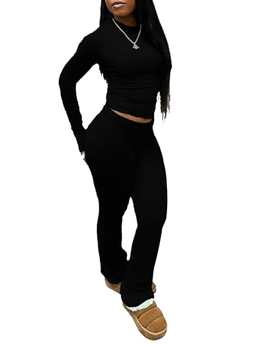 HBQ Women's 2 Piece Lounge Sets Crop High Wasit Foldover Flare Leggings Pants Casual Workout Outfits Tracksuit -Black-L