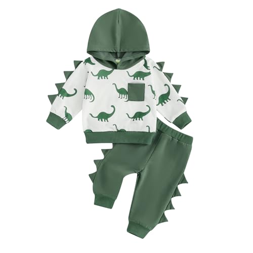 Image of LIOMENGZI Infant Baby Boy Hooded Dinosaur Fall Outfit Contrast Sweatshirt Pant Set Toddler Dinosaur Clothes 6 12 18 Months 2T