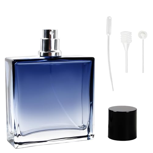 Kaslaider Pulverizador de perfume rellenable, 100 ml, color azul degradado de cristal, vacío, para viajes, portátil, para hombre y mujer, con 2 gotas y separador