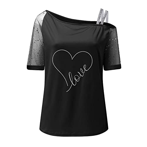 Rhinestone Tops For Women Sexy Short Sleeve Bling Mesh Patchwork Blouse Love Graphic Tees Cold Shoulder Summer T-Shirt Black #TOP3