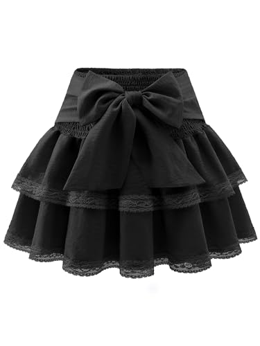 Timormode Women's Girls Bow Mini Skirt Flowy High Waisted Ruffle Lace Hem Short Skirts Cute Boho A-Line Layered Skater Skirt TMS8005LS Black XL