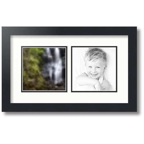 ArtToFrames Collage Photo Frame Double Mat with 2-6x6 Openings with Satin Black Frame and Fabric White mat.