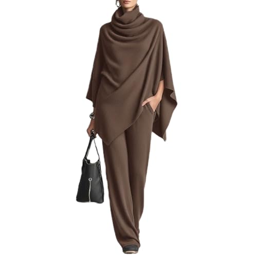 Women's 2 Piece Outfits Turtleneck Shawl Batwing Knitting Tops Cape