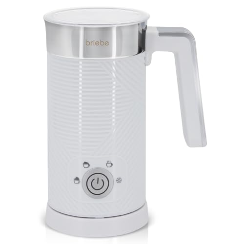 briebe Elegance Espumador de Leche Eléctrico Calentador 4 en 1, Espuma Fría/Caliente 130ml para Café Latte, Capuchino, Macchiato, Leche Caliente 300ml, Milk Frother, Libre BPA, 500W, Diseño Blanco
