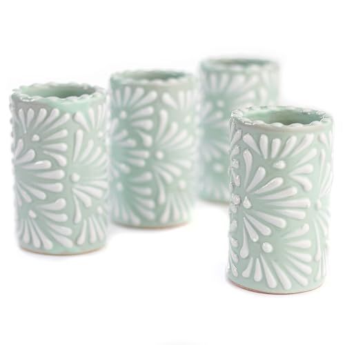 Image of Talavera Shot Glasses Set of 4 Authentic Mexican Tequila Shot Glasses - Hand-painted - 2 Oz (White Brushstroke Mint Background)