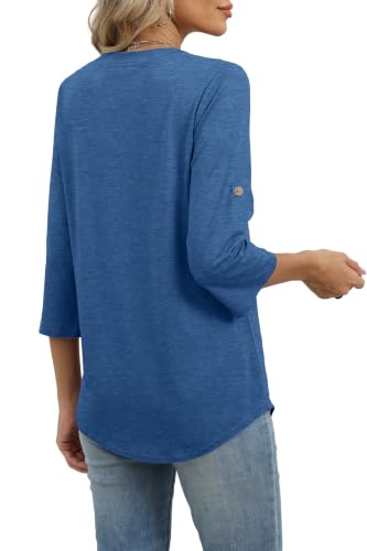 Image of XIEERDUO 3 /4 Length Sleeve Womens Tops V Neck T Shirts Both Side Buttons Blouses Business Casual Outfits Loose Fit