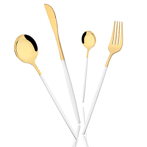 Snplowum 8-Piece Picnic Tableware Set, Mirror 18/0 Stainless Steel Couple Cutlery Set Include Knife, Fork, Spoon, Coffee Spoon, Metal Daily Basic & Classic Utensils For 2 People, White Gold