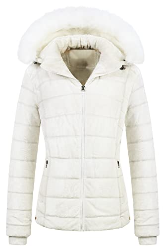 Chrisuno Women's Short Puffer Jacket Warm Winter Insulated Coats With Faux Fur Lined Outerwear L White