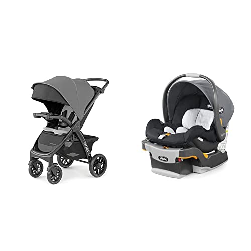 Chicco Bravo LE ClearTex Quick-Fold Stroller – Pewter | Grey & KeyFit 30 ClearTex Infant Car Seat and Base, Compatible with Strollers, Baby Travel Gear | Pewter/Grey