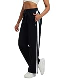 baleaf Women's Fleece Lined Pants Wide Leg Track Pants with Zipper Pockets Loose Fit Straight Leg Pull-on Pants Drawstring Black with White Stripes M