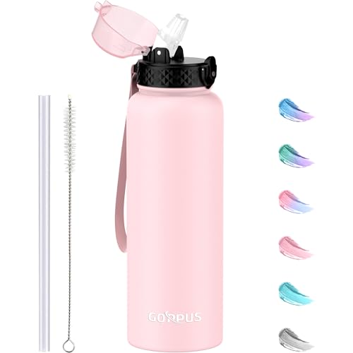 GOPPUS 1.2L/40oz Stainless Water Bottle with Straw Double Wall Insulated Bottles with Strap Large Vacuum Thermal Flask Leakproof Keep Cold Drinks Bottles with Flip Top Lid for Men Women BPA Free