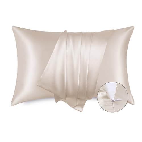 Bedsure Satin Zipper Pillowcase 2 Pack, 20x26, Beige