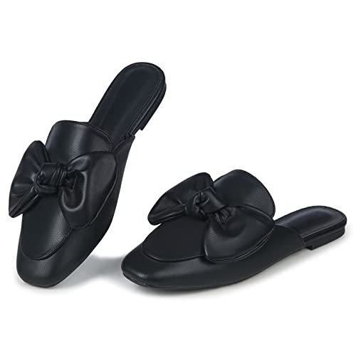 Photo 1 of Samilor Mules for Women Flats Fashion Bow Mules Comfortable Slip On Women's Flats Backless Loafers Casual Flat Shoes Women 9 Black Pu (Bowknot)