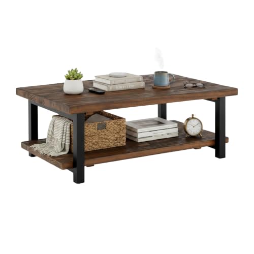 Image of Alaterre Furniture Pomona Solid Wood Coffee Table, Rustic Brown, 48 inch | Large Rectangular Center Table with Storage Shelf and Metal Legs, Rustic Industrial Farmhouse Living Room Table