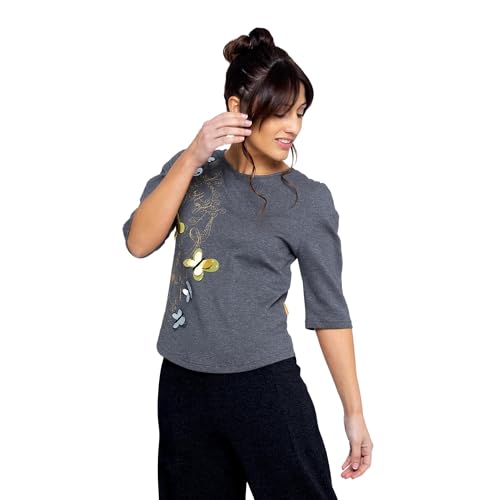 MAMATAYOE Norma Top para Mujer Color Gris Bordado Delantero y Manga con Volumen
