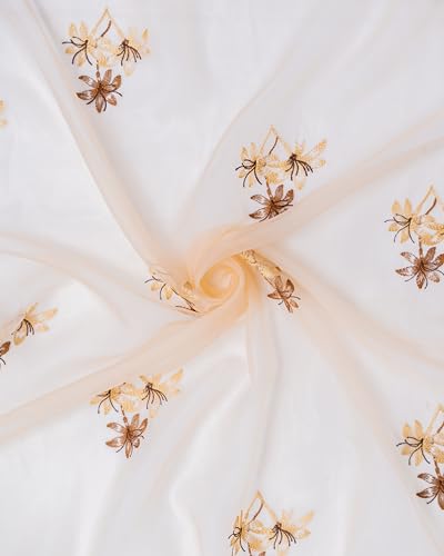 Image of 7 ft Embroidered Tissue Fabric Curtains for Long Windows, Decorative 3-Flower Floral Pattern, Smooth Grommet Top for Easy Hanging, Brown & Golden, Ideal for Living Room & Bedroom