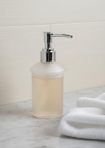 Image of Premium Frosted Glass Liquid Soap Dispenser with Rust-Proof Chrome Pump | Elegant Refillable Hand Sanitizer & Lotion Bottle for Bathroom Countertop, Kitchen Sink, and Wash Basin