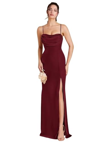 Cowl Neck Chiffon Bridesmaid Dresses for Women Long Spaghetti Straps Formal Evening Gown with Slit