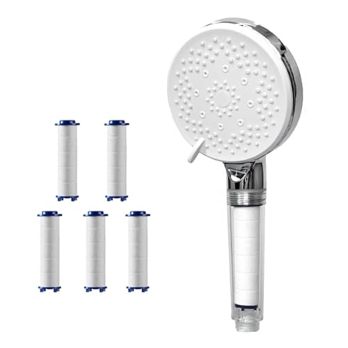 Cabezal de Ducha Cabezal de Ducha con 5 Modos, Panel Grande, Ahorro de Agua, Cabezal de Ducha de Masaje de Agua de Alta presión Ajustable con Filtro for Baño(White with 5 Filters)