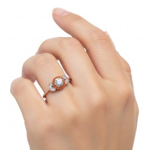 Image of Rose Gold Plated Diamond CZ & Blue Sapphire Petal Halo Engagement Ring for Women, Petite Round Shape Wedding & Everyday Jewelry, Handmade Gift for Wife US Size 4-12