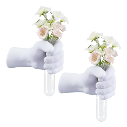 AHANDMAKER 2Pcs Wall Sculptures White Hand Vases Home Decor Wall Mount Art Sculpture Funky Flower Vase with Test Tube for Unique Decoration in Living Rooms, Entrance and Room