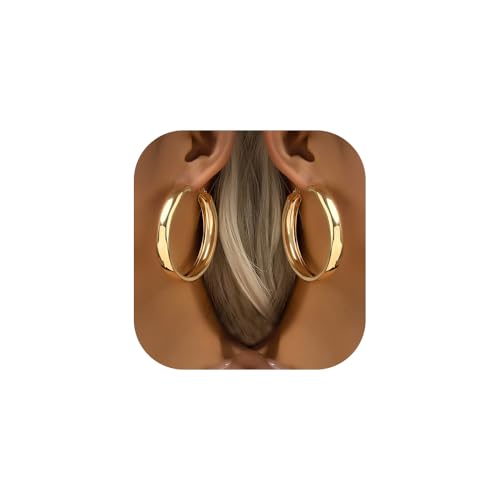 Chunky Gold Silver Hoop Earrings for Women Wide Flat Huggie Hoops Dangle Earrings Big Large Punk Smooth Surface Statement Earrings Fashion Jewelry (A Gold)