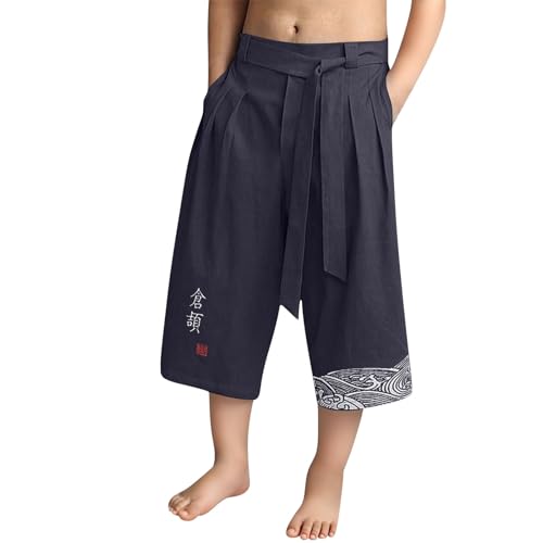 Boys Japanese Traditional Pants with Drawstring Asian Clothing Trousers Kids Summer Casual Loose Fit Linen Shorts