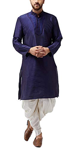 Kurta brodé homme bleu M : fini le pyjama inconfortable avec cet ensemble fluide