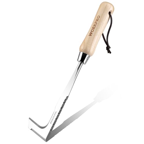 WORKPRO Crack Weeder, 12" Stainless Steel Crevice Weeding Tool with Ash Wooden Handle, L-Shaped Side-Walk Weed Puller Spatula, for Garden Lawn Yard Patio Terrace Paving Moss Garden Tool