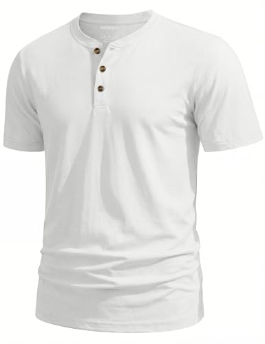 TACVASEN Henley T-Shirt Herren Weiß Rundhals Shirt Arbeits Kurzarm Shirts Freizeit Sommer Tshirt mit Knopfleiste L