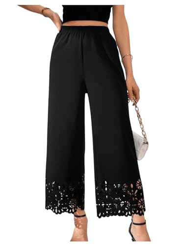 OYOANGLE Women's Wide Leg Pants Cut Out Scallop Trim High Elastic Waisted Pants Casual Office Long Pants3