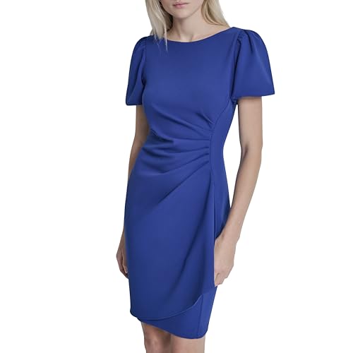 DKNY Women's Short Sleeve Boat Neck Side Ruched Dress, Regatta, 10