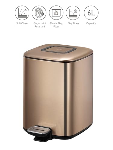 Image of Obsessions EKO Soft-Close Bathroom Trash Can - 6L Stainless Steel Pedal Bin with Lid & Liner, Elegant Bronze Copper Waste Basket for Home & Kitchen
