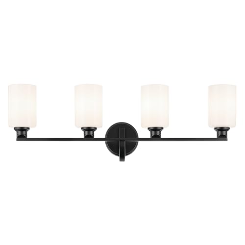 Image of Kichler Gioe 4-Light Bathroom Vanity Light Fixture with Opal Glass in Black, Modern Wall Mount Over Mirror Lighting for Powder Room (32.25 inch W x 10.5 inch H), 55227BK