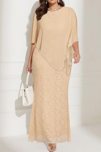 Image of Women's Plus Size Cape Dress with Chiffon Overlay Gown Formal Evening Lace Long Mermaid Dresses 2024