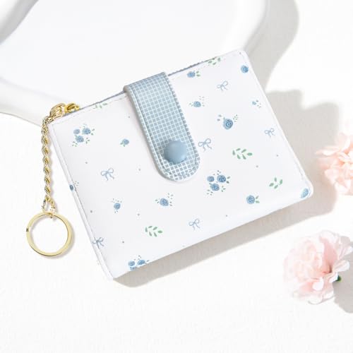 Image of Sunwel Fashion Rose Prints Wallet Small Bifold Wallet with Zipper Coin Pouch Card Slots ID Window for Women Girls (381BLUE)