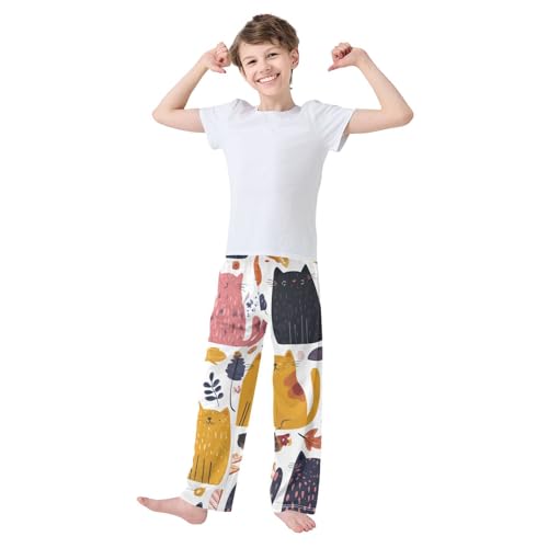 Cat Autumn Leaf Boys Long Pants Soft Trousers Elastic Waist Kids Lounge Bottoms with Pockets S-XL3