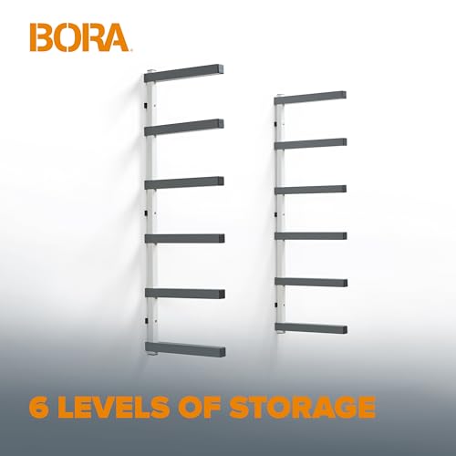 Image of Bora 6 Level Lumber Storage Rack Wood and Garage Organization Space Saving Metal Shelf for Pipes, Boards, Plywood, and Building Materials - PBR-0620 White Gray | Space-saving metal wall mount, 6 levels for boards, pipes, plywood, building materials, white gray