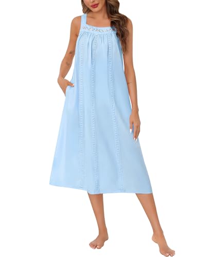 Image of SWOMOG Women's Cotton Nightgowns Sleeveless Night Gown Embroidery House Dress Soft Long Nightdress with Pockets