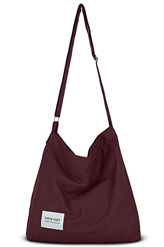 Your Cozy Women's Retro Large Size Cotton Shoulder Bag Hobo Crossbody Handbag Casual Tote For Shopping and Travel (Red Wine)
